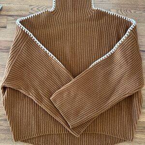 Rag & Bone Brown Ribbed Turtleneck Sweater with White Trim
